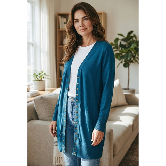 Zenana Outfitters Sweaters - Zenana Outfitters Teal Blue Longline Snap Front Cardigan Sweater Women's 2X